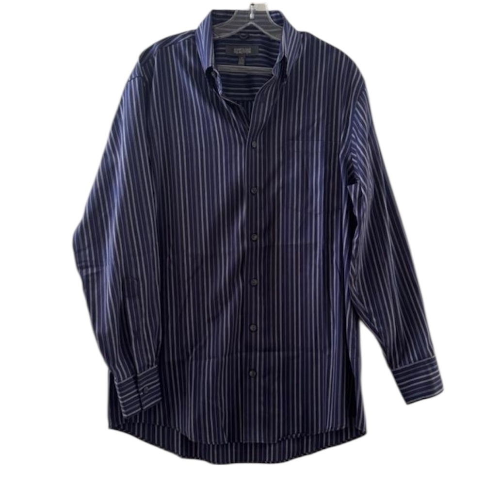 Kenneth Cole Navy Striped Shirt Size M  Neck 15 -15.5 Long Sleeve 32/33 Non iron - Picture 5 of 16